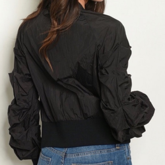 Black Pleated Windbreaker Bomber Jacket - Picture 2 of 7